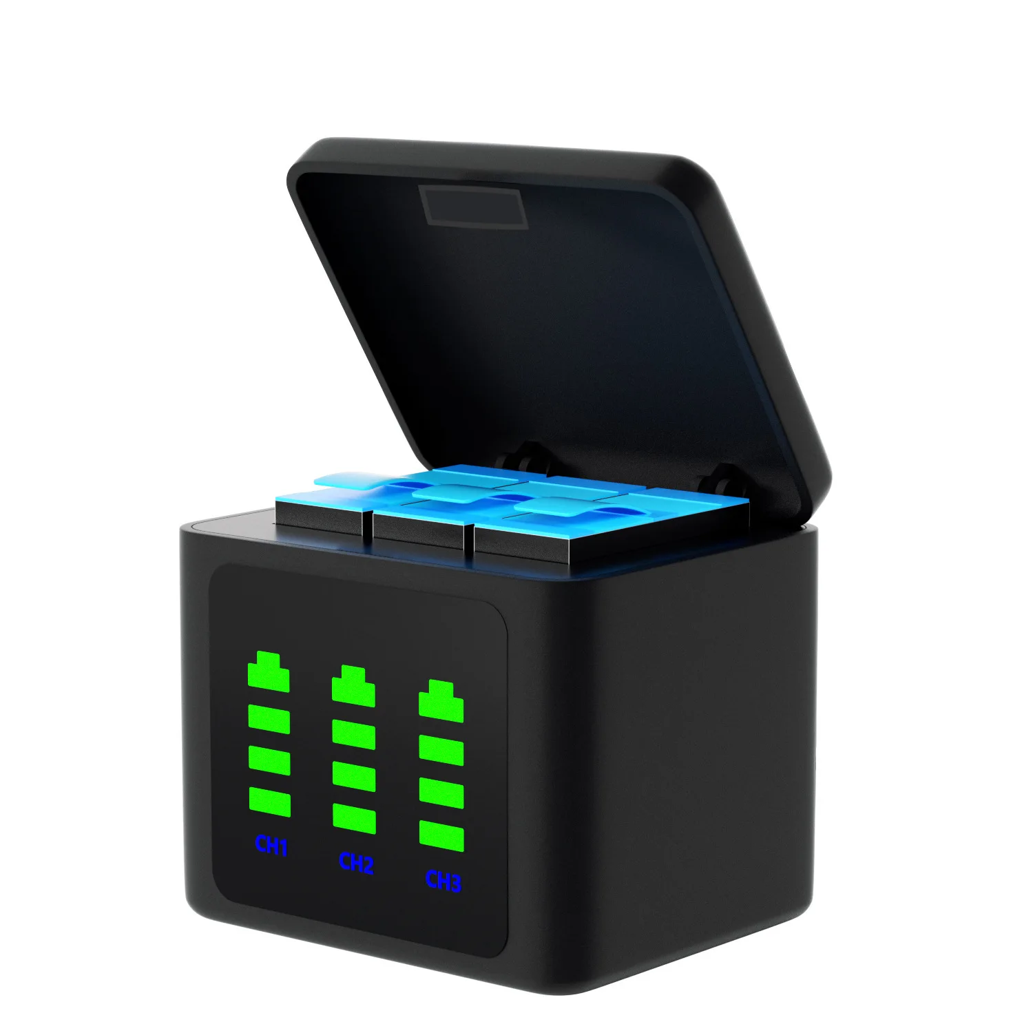 Étui de charge portable ouvert montrant deux batteries 2000mAh pour GoPro Hero, prêtes à voyager