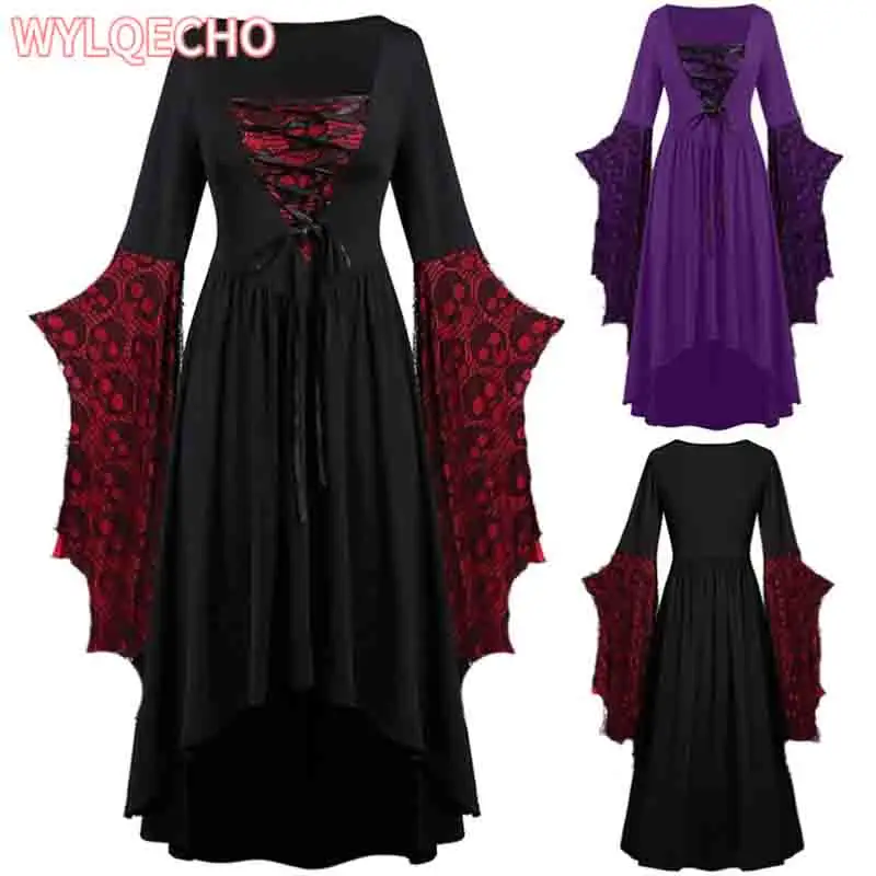Vintage Halloween Cosplay Costume Witch Vampire Gothic Dress Ghost Dresses Up Party Printed Medieval Ghost Bride Female Clothes halloween costumes