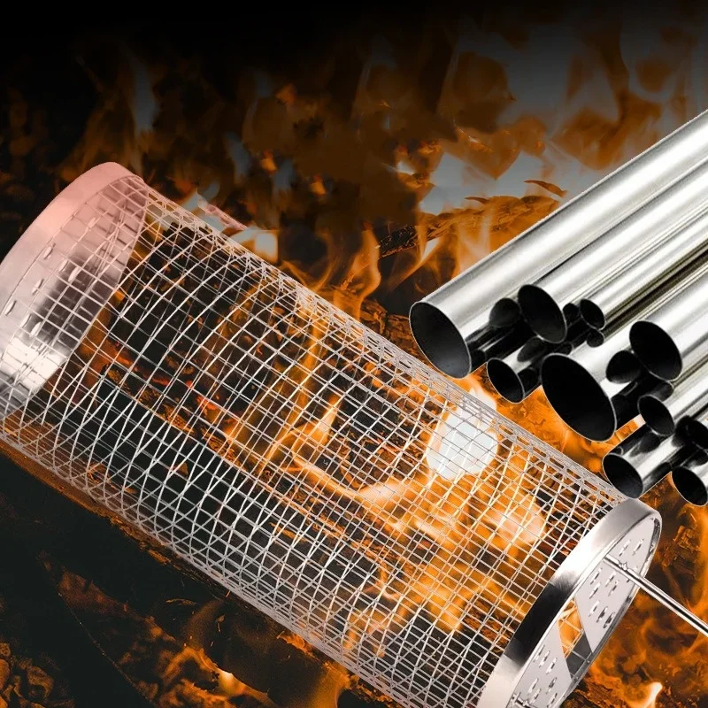 Portable Stainless Steel Barbecue Cages Grill Basket BBQ Basket Camping Picnic Cookware Outdoor Round Campfire Grid Rolling Grill Baske