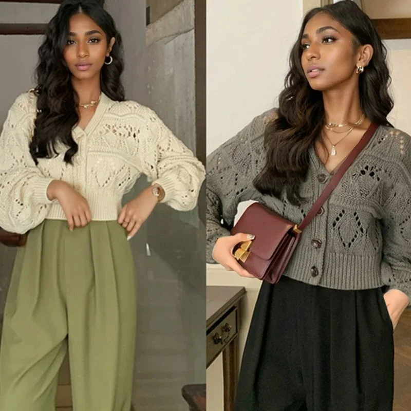 Fashion New Autumn Women's Clothing V-neck Cardigan Hollow Long-sleeved Sweater Casual Short Knitted Single Breasted Jacket