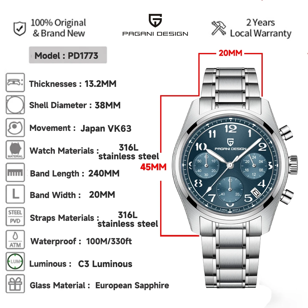 2023 New PAGANI DESIGN 38MM Men's Pilot Sports Quartz Watches Sapphire Glass 316L Stainless Steel Chronograph Reloj Hombre