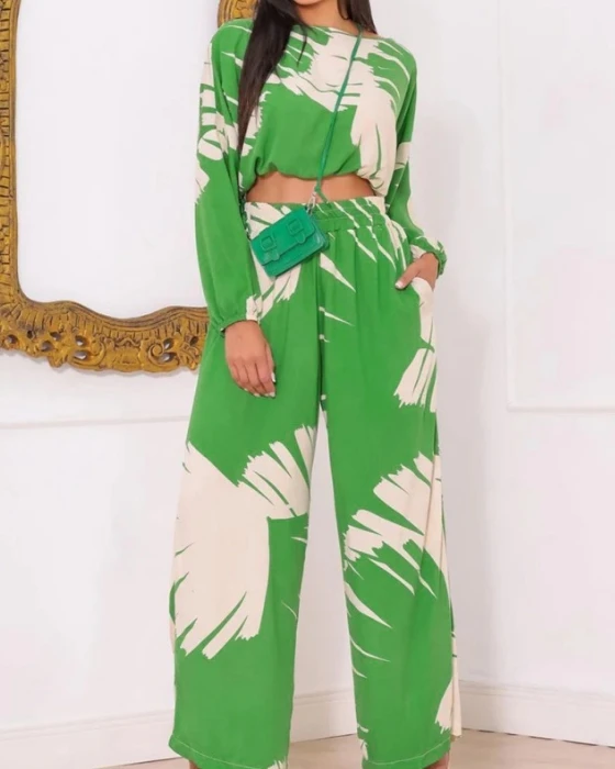 

2024 Fashion Casual Printing Short Round Neck Top High Waist Wide Leg Pants Two Piece Set