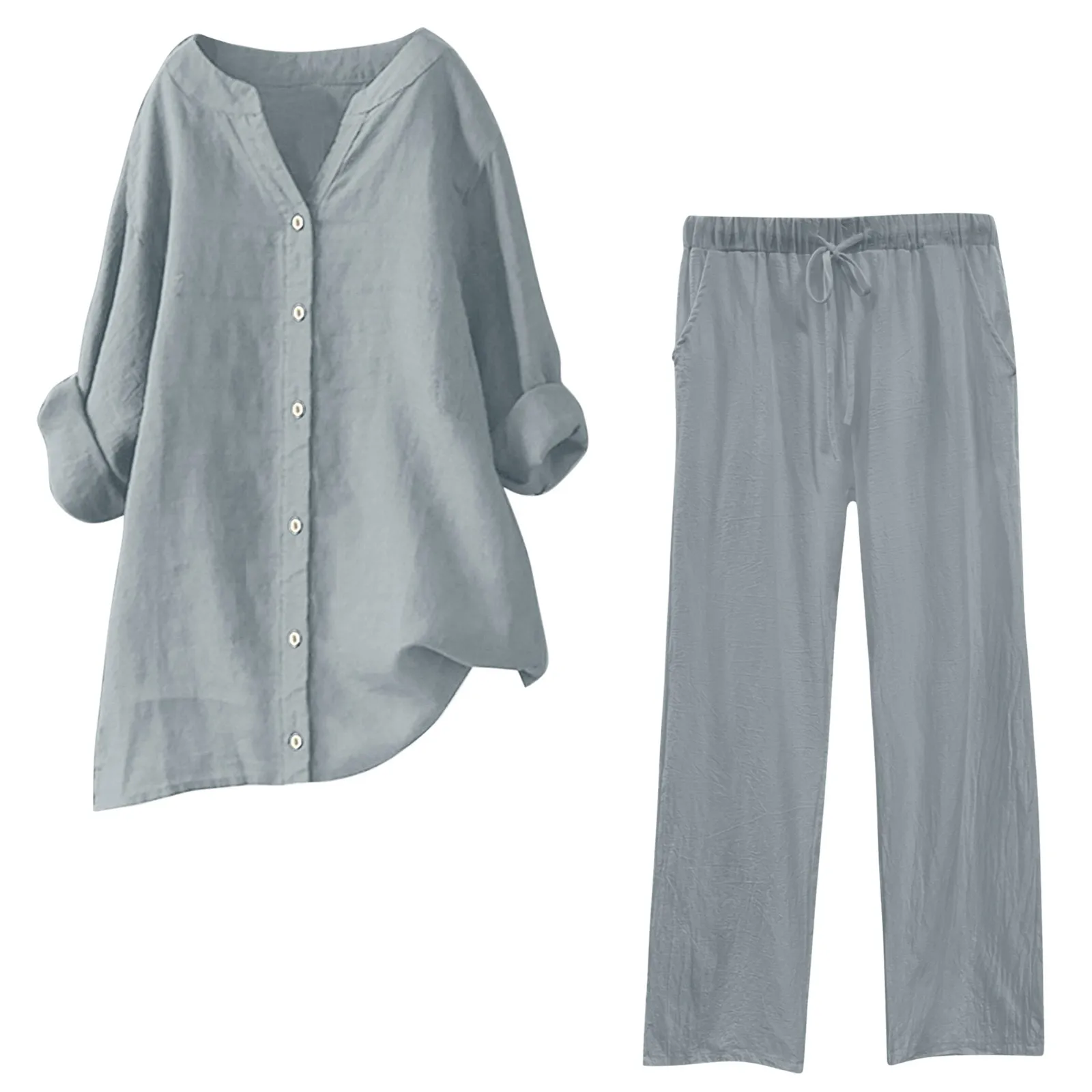 Women Solid Single Breasted Shirt 2 Piece Sets Casual V-Neck Long Sleeve Top+Pants Suits Chic High Waist Trouser Street Outfit