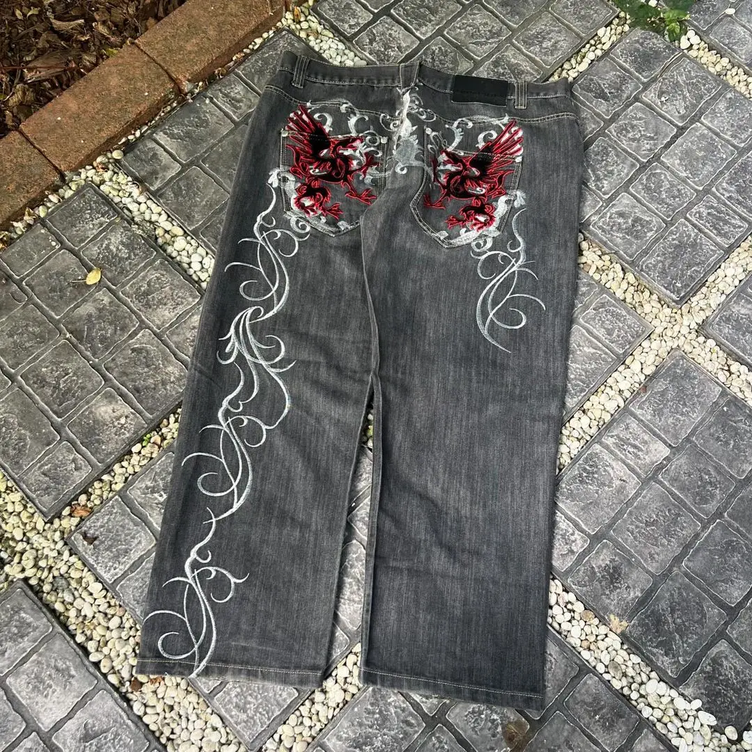 Y2K New Street Harajuku Pattern Jeans Black Baggy Jeans Hip Hop Retro Style Denim Pants Men's and Women's High Waist Wide Pants 5
