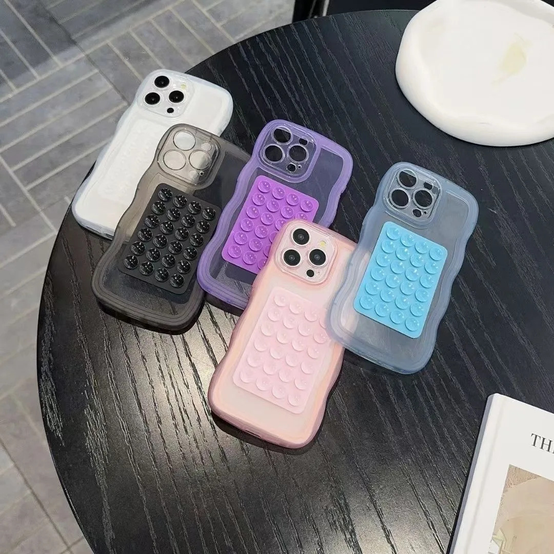 Transparent Shockproof Soft Back Phone Case with Suction Cup Stand and Wave Border Design
