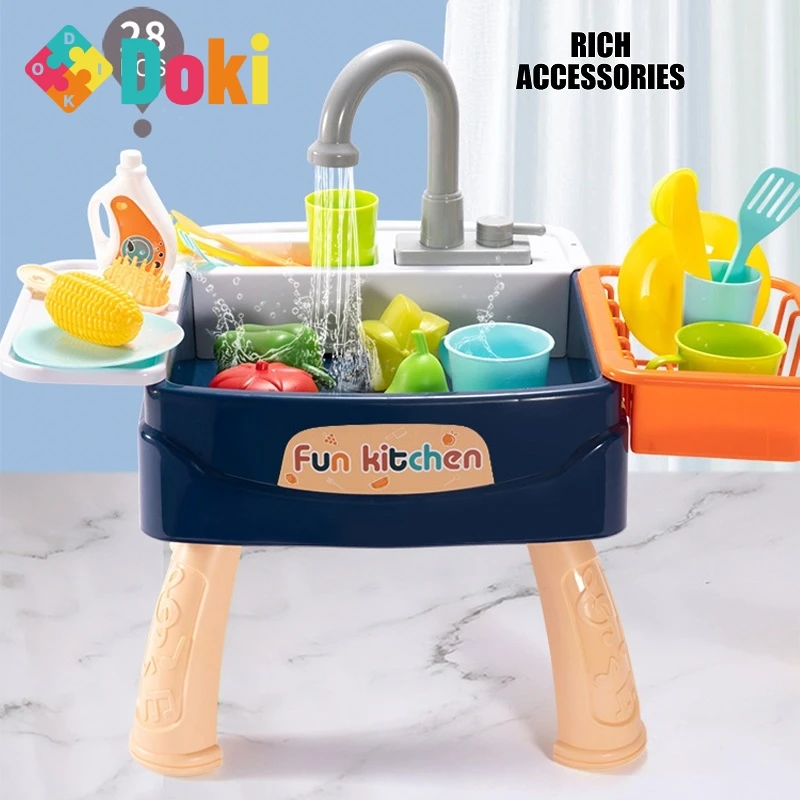 Doki Toy Kitchen Children Dishwasher Table Toy Simulation Sink Faucet Circulating Water Electric Wash Table Kids Role Toys