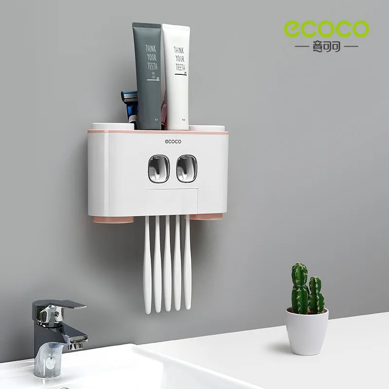 ECOCO Wall Mount Automatic Toothpaste Squeezer Dispenser Toothbrush Holder Bathroom Accessories Storage Rack 4 Cups toothpaste squeezer,toothpaste dispenser,bathroom accessories set
