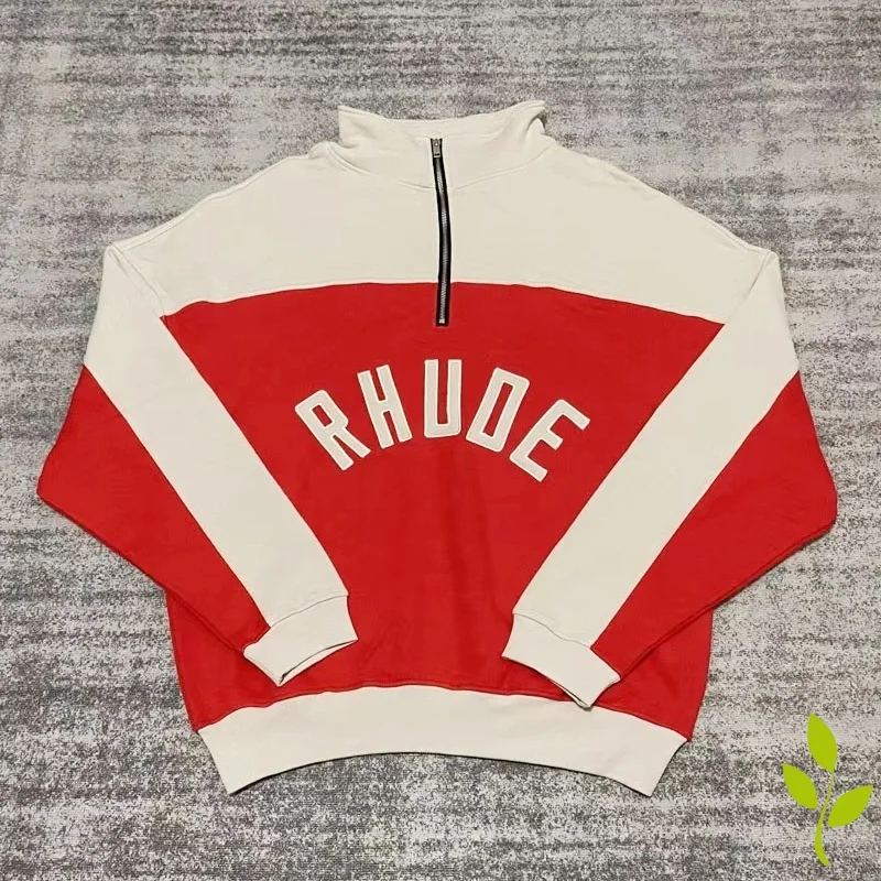 

High Street Hip-hop Rhude Hoodies Vintage Half-zip Embroidered Stand-up Collar Pullovers Loose Casual Red Sweatshirts Men Women