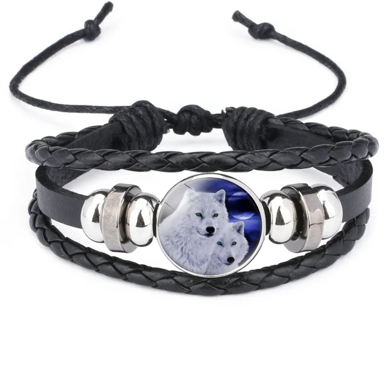 Classic Accessories Wolf Totem Wolf Pattern Glass Pendant Cowhide Bracelet Adjustable Length Hand Rope Gifts for Family leather bracelet charm bracelet rope bracelet