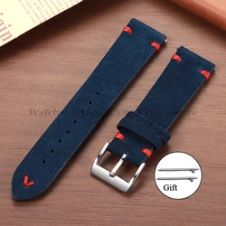 Blue Suede Leather Vintage Watch Strap with Quick Release - 22mm (Blue - Red)