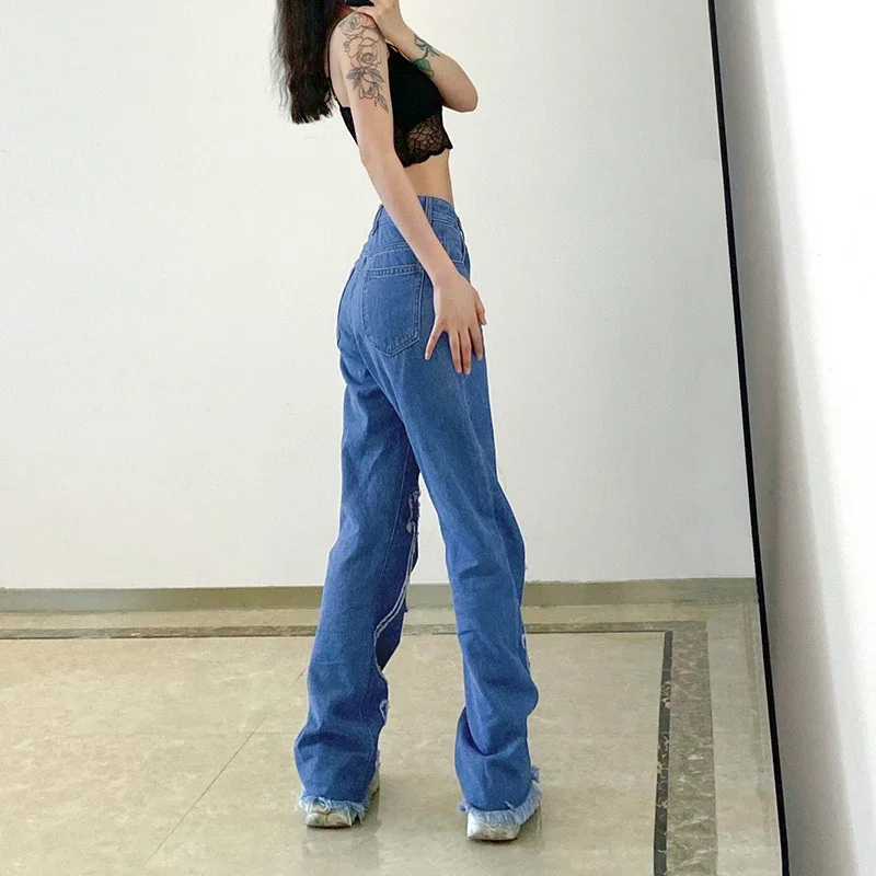 Raw Edge Washed Star Patch Oversized Flared Jeans Women Y2k Fashion Street Clothing Retro High Waist Baggy Denim Trousers