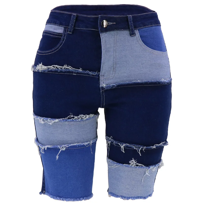 straight leg jeans Blue Patchwork Jeans Summer Women Fashion Stretch Skinny High Waist Tassel Knee Length Shorts Lady Retro Distressed Denim Shorts flare jeans