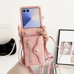 Elegant Leather Crossbody Zipper Wallet Phone Case with Card Holder - Galaxy Z Flip5 (Pink)