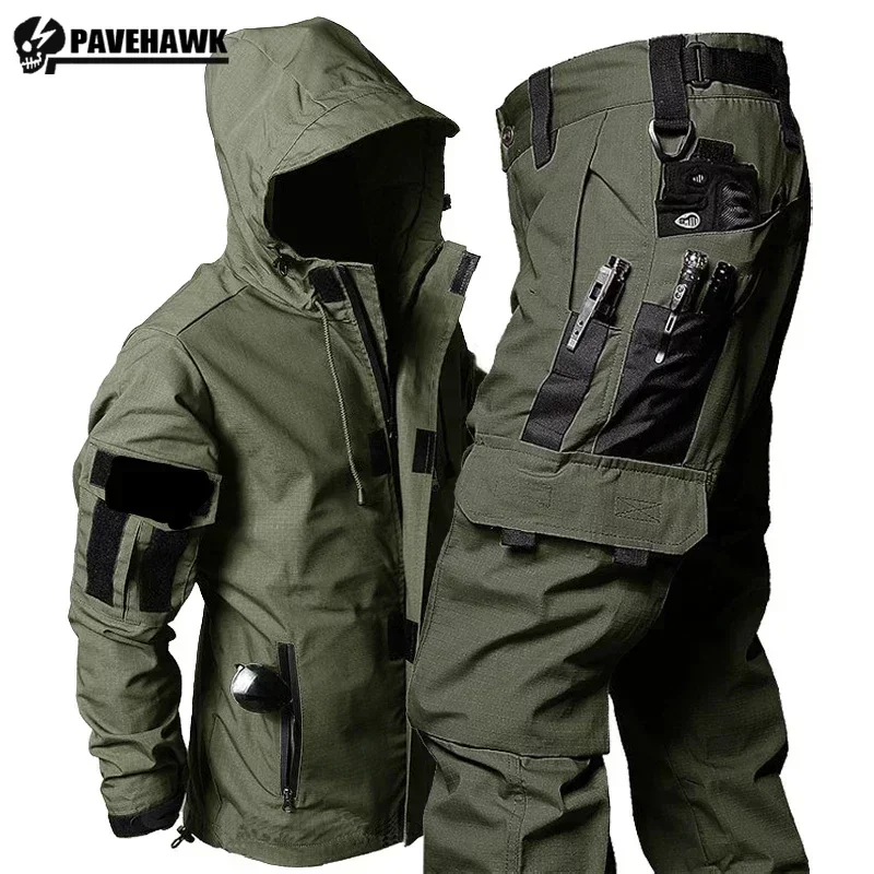 

Комплект мужской Тактический износостойкий, армейская уличная Водонепроницаемая боевая униформа с несколькими карманами, ветрозащитный пиджак в стиле милитари с капюшоном