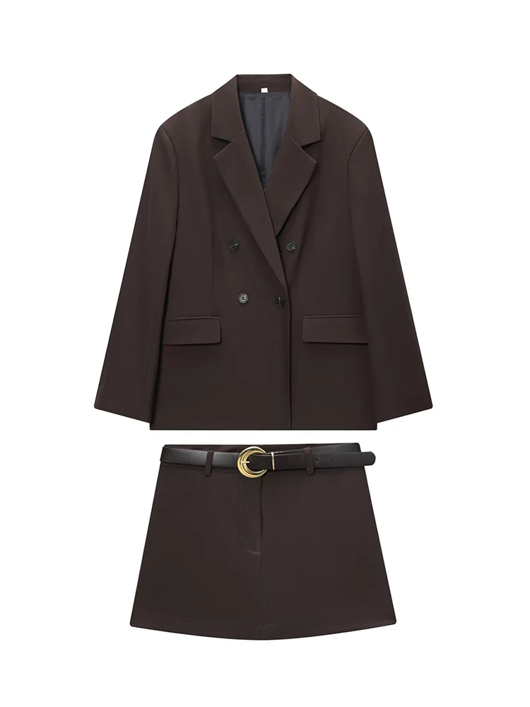  Elegant Skirts Shorts Set For Women's 2 Pieces Outfit 2025 New Double Breasted Blazer Coat Mini Belt Shorts Fashion Office Set