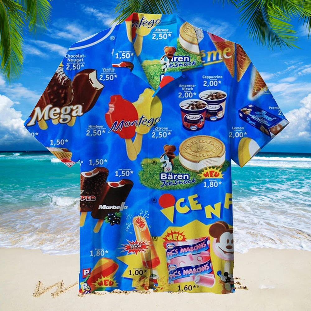 Camisa hawaiana 2024 para hombre, camiseta de verano con helado, estampados de playa, camisa de manga corta, tops casuales, diseño original, ropa para hombre
