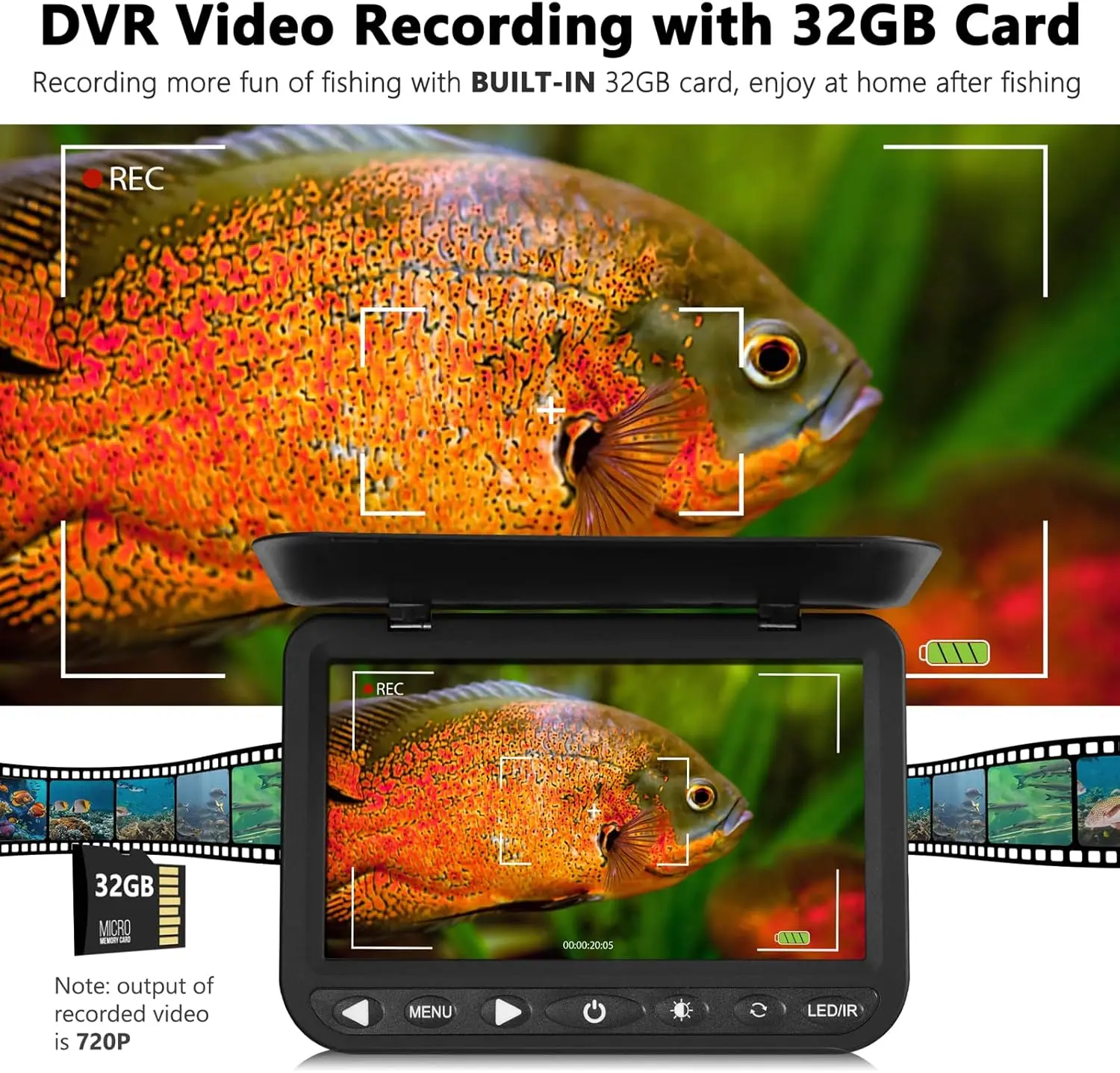 7'' Underwater Fishing Camera w/DVR- [Upgrade 1080P] Ice Fishing Camera Underwater w/ Li-Battery, USB-C