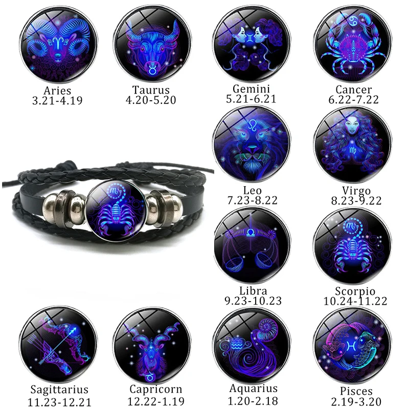 12 Constellation Braided Leather Bracelet Punk Style Zodiac Sign Multilayer Weave Wrap Bracelet for Birthday Gifts leather bracelet leather bangle
