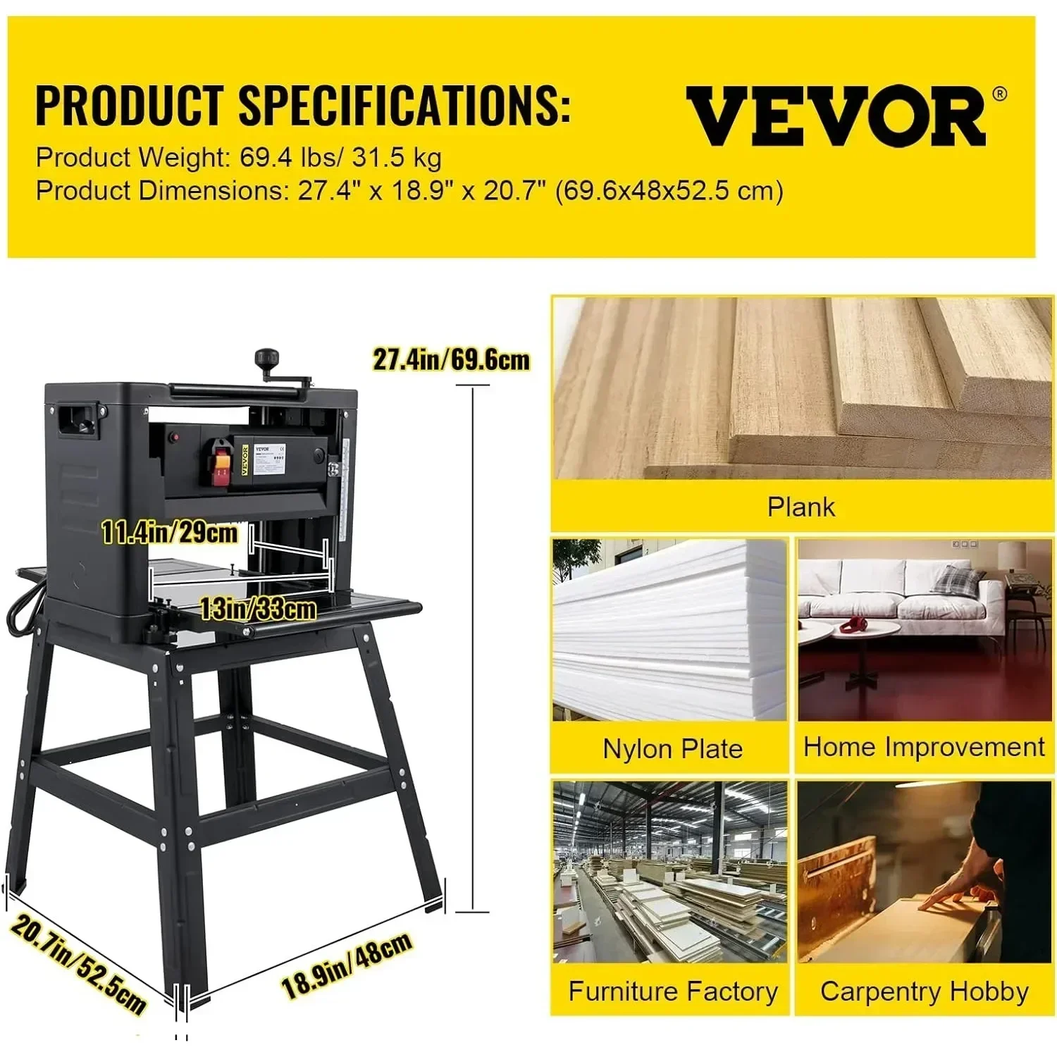 Thickness Planer 13-Inch Benchtop Planer 2000W Wood Planer 8000 rpm 15 AMP Wood  Foldable Iron Stand 6