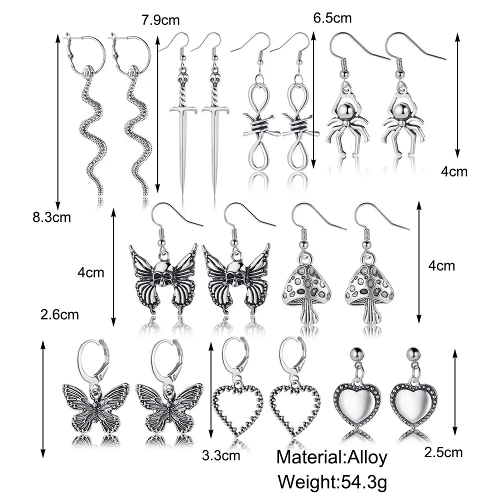 9pairs Set Of Ladies Earrings Retro Halloween Popular Alloy Creative Butterfly Peach Heart Mushroom Snake Spider Pendant Earring butterfly earrings geometric earrings spider earrings