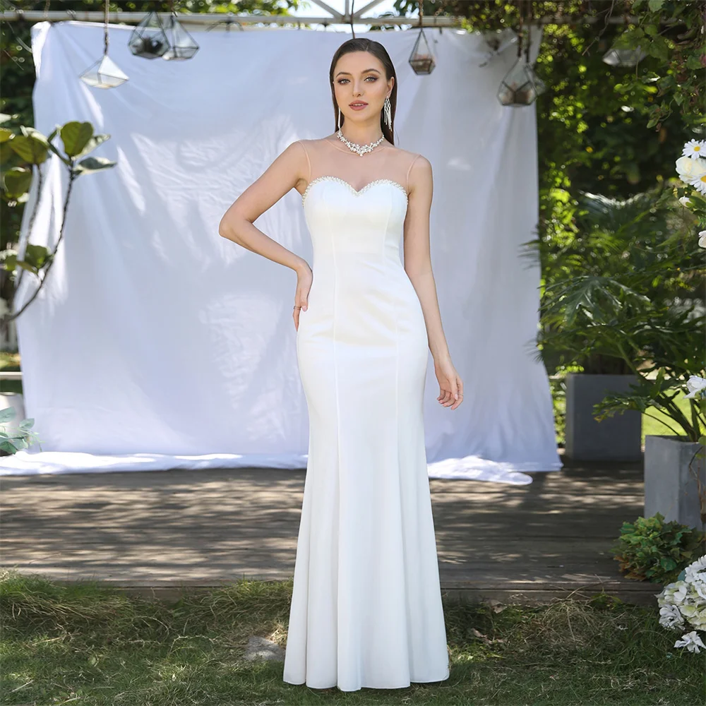 MisShow Solid Ivory Mermaid Summer Long Dresses for Women Sexy Illusion Pearls Beads Sweetheart Neckline Maxi Evening Prom Dress