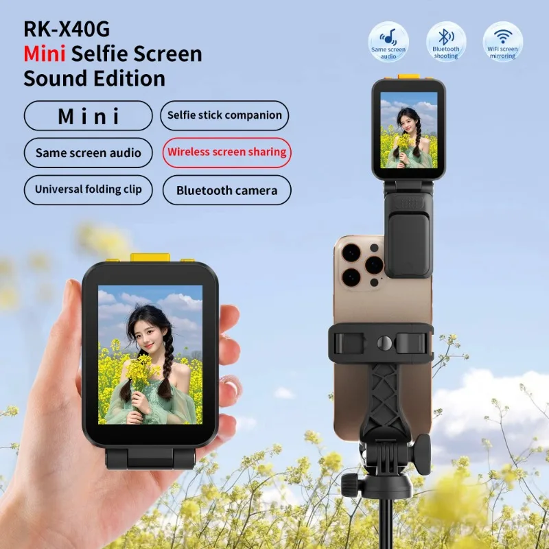 RK-X40G Monitor Screen w/ Vocal Cord Clip for Phone Rear Camera Wireless Magnetic Selfie Monitor Screen for iPhone Android