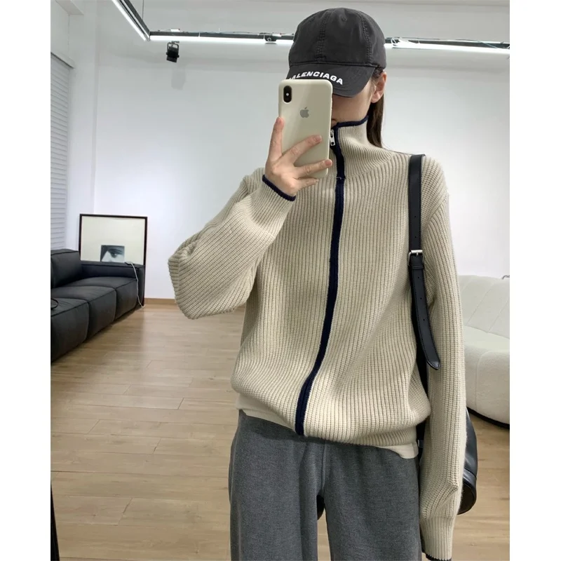 디자인 센스 니트 가디건 스웨터 아우터 웨어 여성, 니트 지퍼 탑 유휴 스타일 클라인 블루 가을 겨울