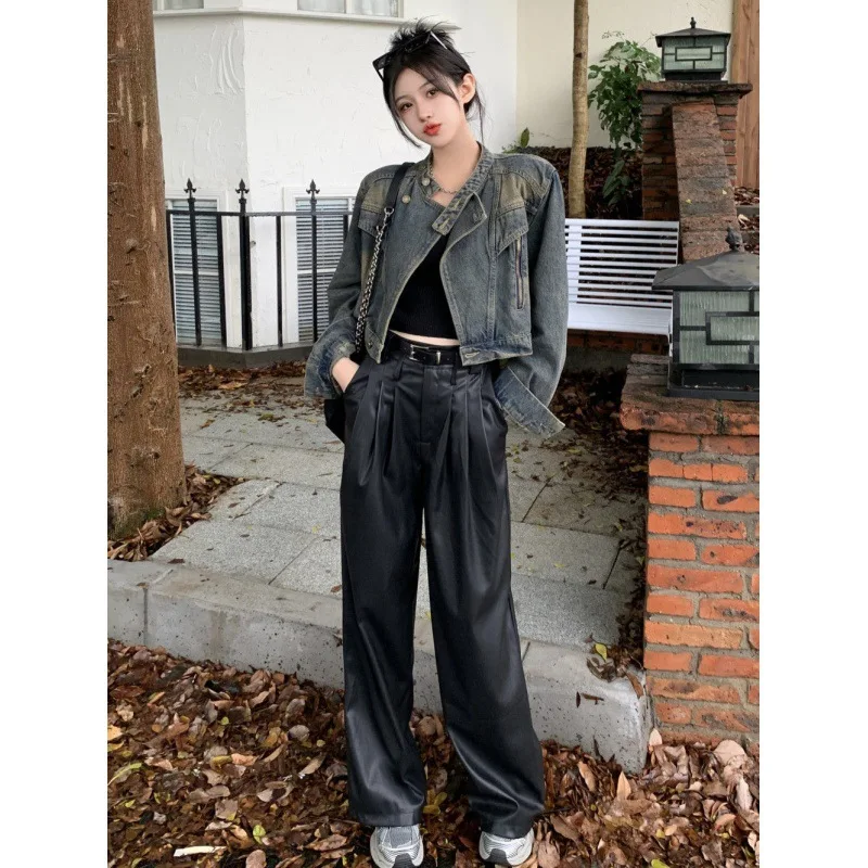 Retro Denim Jacket with American Vintage Style Design Stand Up Collar Workwear Short Top