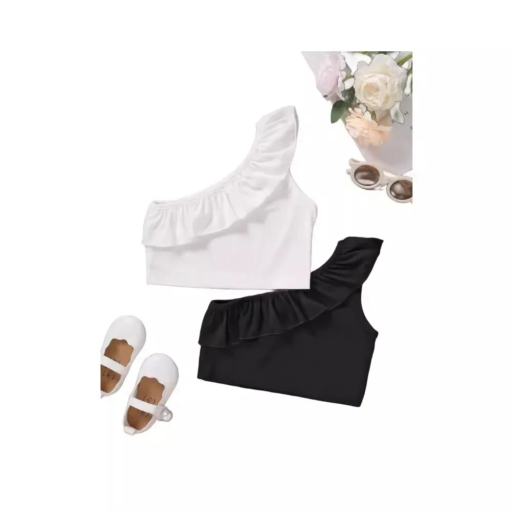 Trendy European Style Women's Baby Summer Ruffle Edge Vest Single Shoulder Thin Section Children's Clothing China Mainland Origi