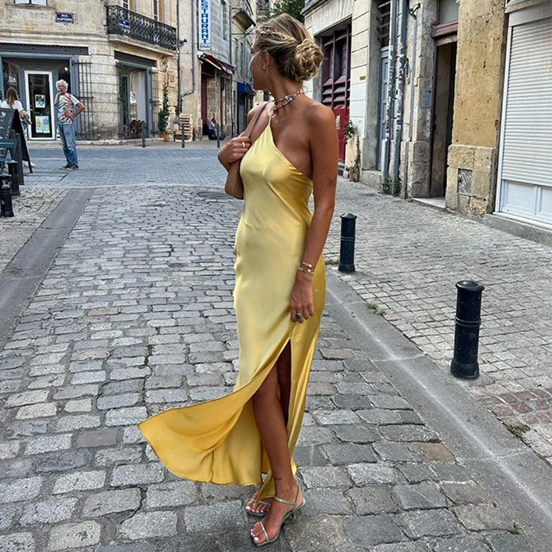 Sexy Slim-Fit-Schulter, einfarbig, rücken freies langes Kleid, elegantes Satin, elegantes Abendkleid, Party zum Sammeln – Detail 5