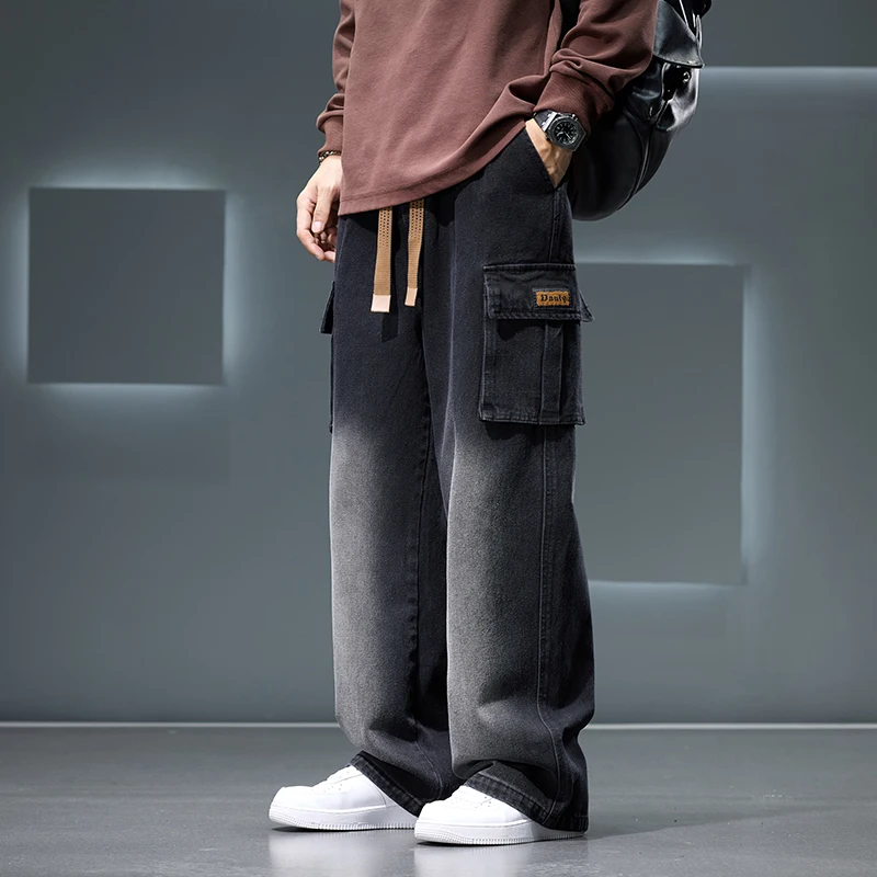 Autumn Wide Leg Washing Jean Pants Men Trousers Neutral Solid Color Loose Casual Fashion Pocket Cargo Pants Big Size 8xl men jeans mens jeans jeans trousers denim trousers cargo pants washed jeans mens casual trousers
