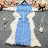 YuooMuoo Chic Fashion Sexy Package Hips Knitted Dress Women V-neck Single-breasted Bodycon Sweater Dress Office Lady Vestidos - Image 3