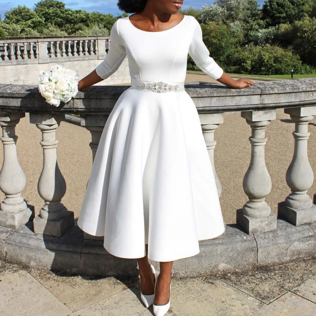 Summer Business Dress Women Casual Solid O Neck 3/4 Sleeve Tight High ...