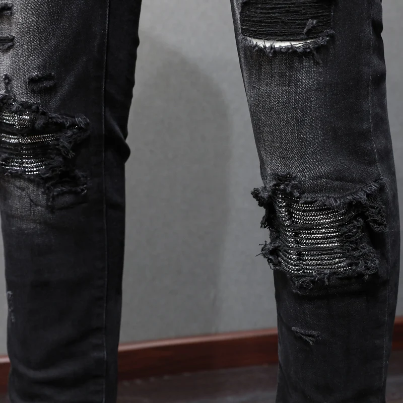 High Street Fashion Men Jeans Retro Black Gray Stretch Skinny Fit Ripped Jeans Men Patched Designer Hip Hop Brand Pants Hombre
