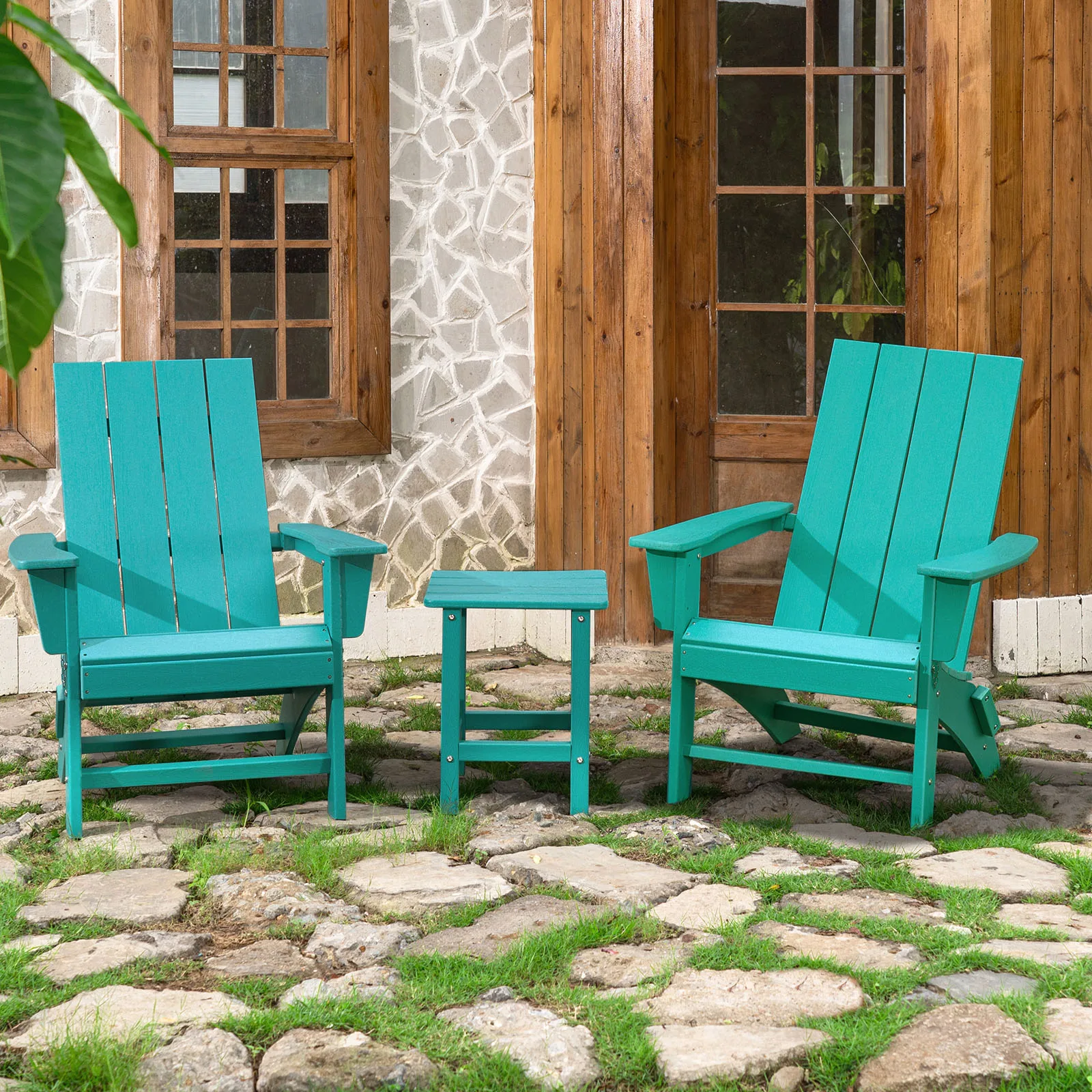 Adirondack Bench Lounge Chairs with Footrest Table 2 Outdoor Patio HDPE Folding