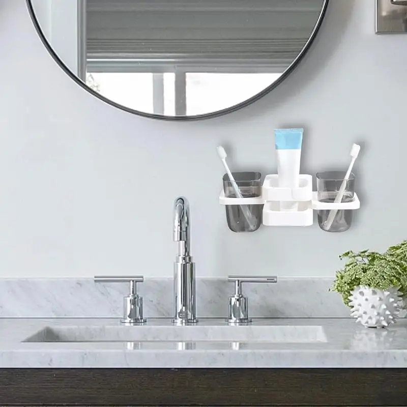 Simple Wall Mounted Toothbrush Holder Toothpaste Mouth Cup Holder Drill-Free Bathroom Storage Shelf Portable Rack Organizer