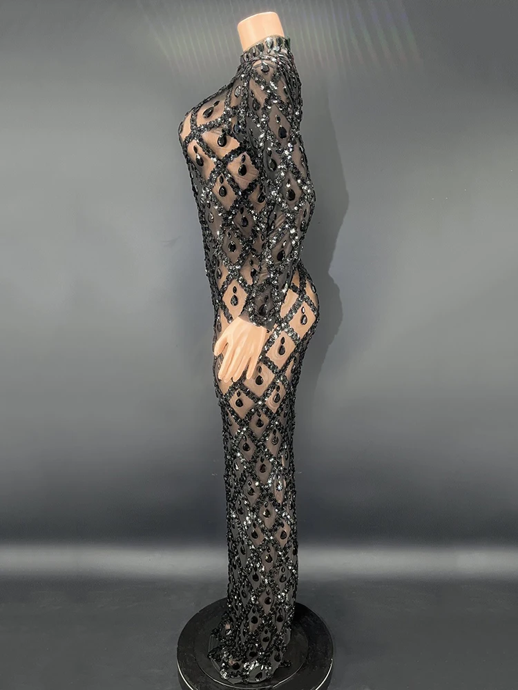 2024 New Sequins Crystals Long Dress Women Evening Prom Party Birthday Dress SexyTransparent Performance Costume Show Stage Wear
