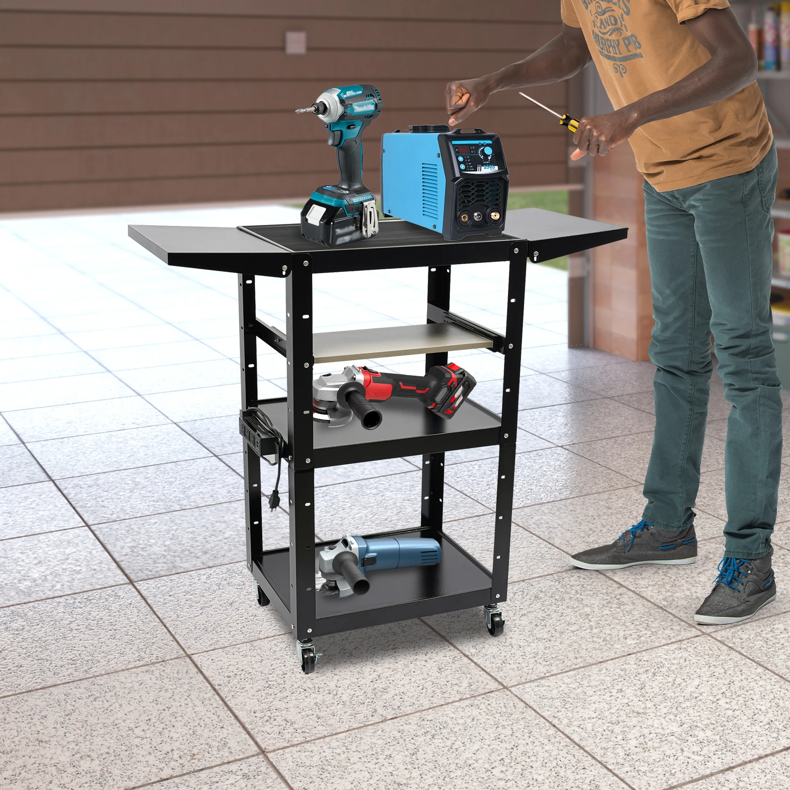 3 Tiers Computerized Mobile Cart Rolling Cart, Cart with Wheels, Heavy Duty Rolling Work Station 3