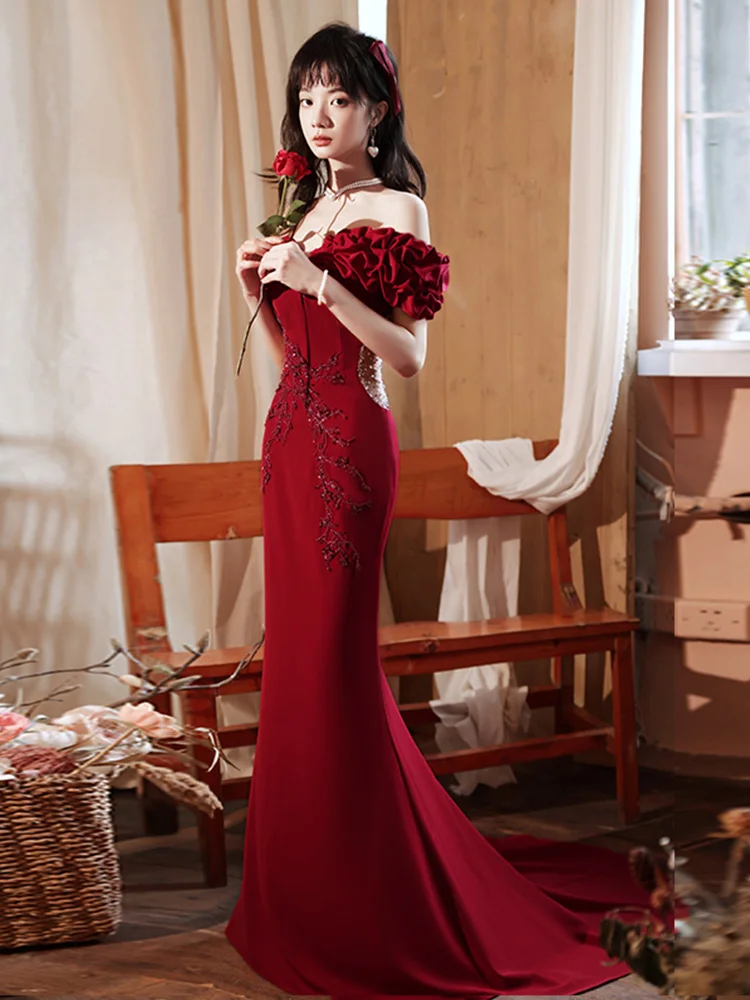 Wine Red Tulle with Beadings and Lace Off Shoulder Evening Gown