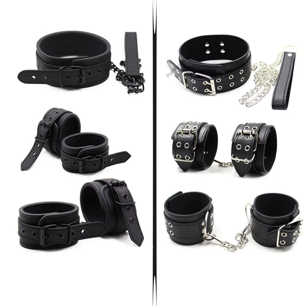 Slave PU Leather Handcuff Ankle Cuffs Adjustable Neck Collar with Leash Chain Restraints BDSM