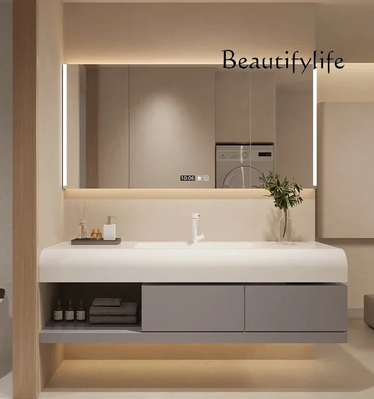 smart bathroom washbasin cabinet multifunctional Corian integrated basin bathroom cabinet combination