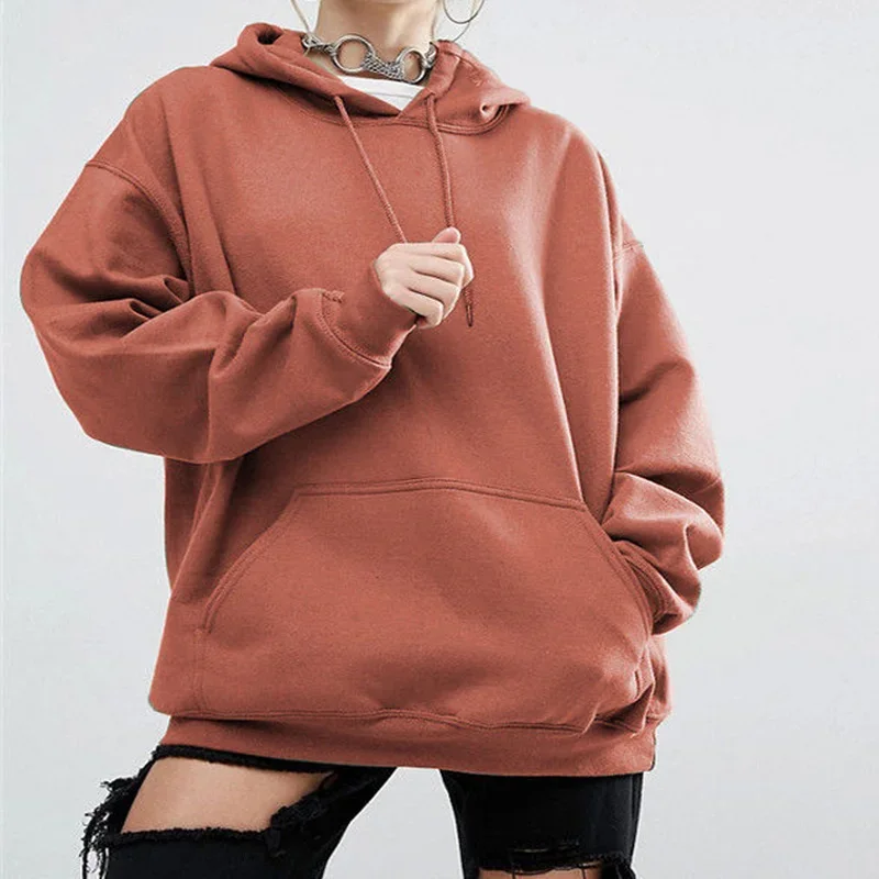 Women Cotton Long Sleeve Pullover Hooded Pocket Solid Sweatshirt Fashion Casual Spring Fall Winter Hoodies Classic Tops Simple