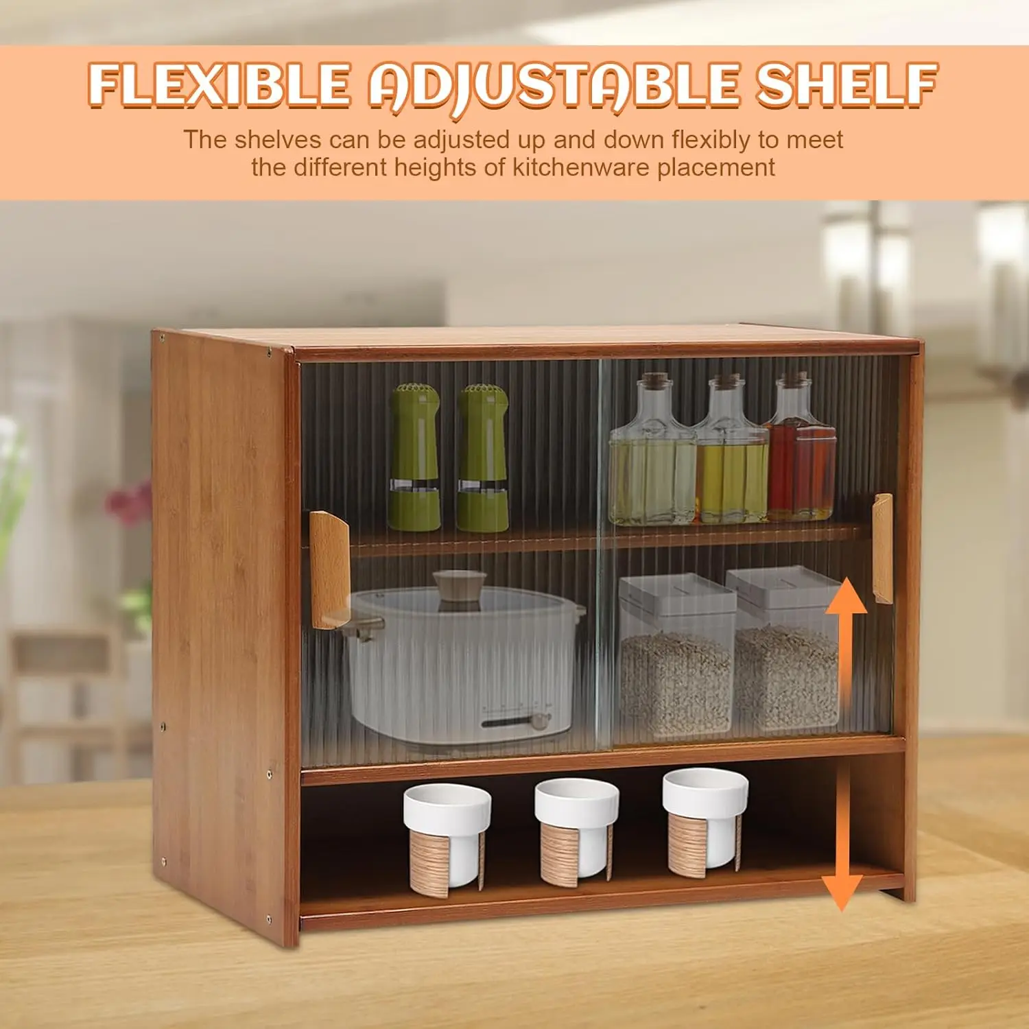 Small Bamboo Kitchen Pantry Sideboard with 2 Sliding Striped Glass Doors, Tea-Colored Freestanding Countertop Storage Cabinet