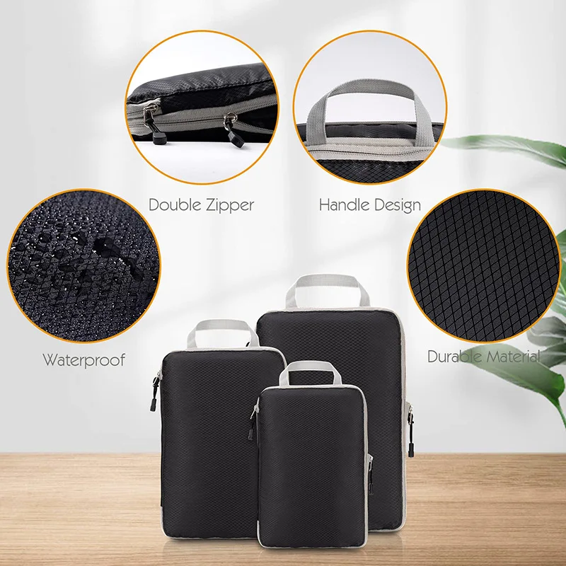 3PCS Travel Compressible Packing Cubes Foldable Waterproof Storage Bag Suitcase Nylon Portable With Handbag Luggage Organizer
