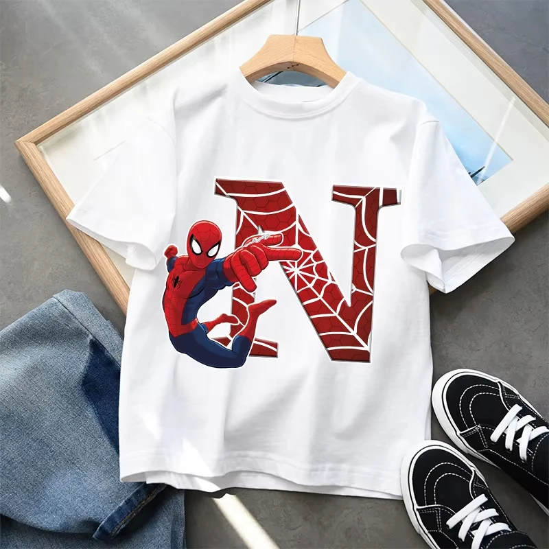 2026 New Children's Spider Man Cartoon Letter Printed T-shirt Cotton T-shirt Boys' Short Sleeved Top Children's Clothing 6