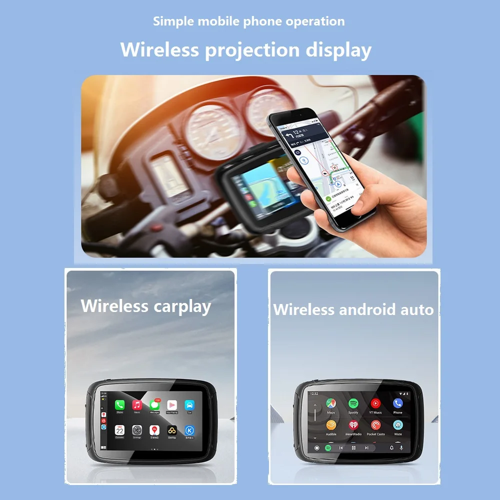 5 Inch Portable Motorcycle Navigation GPS Wireless Carplay Android Auto Touch Screen IPX7 Motorcycle Waterproof LCD Display BT