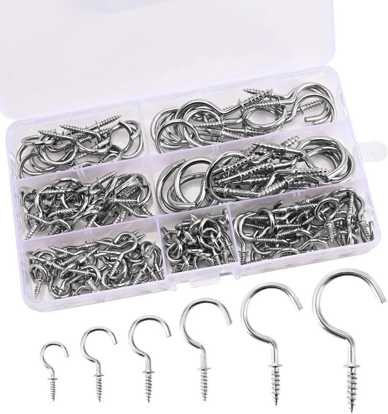 150pcs Metal Screw Hooks Cup Ceiling Hook Screw with Wood Thread 7 sizes Heavy Duty Wall Mount Dipping Screw-in Hanging Holder