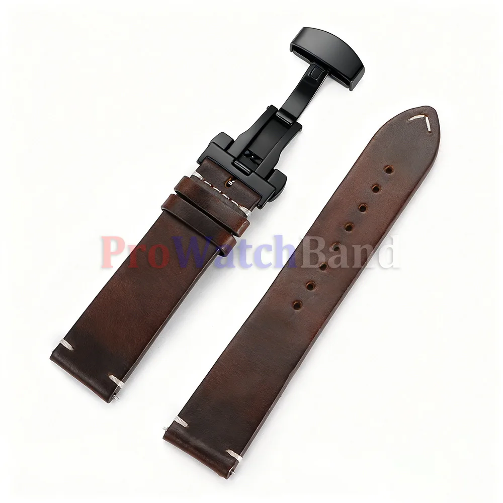 Vintage Soft Oil Wax Cowhide Watch Strap with Butterfly Buckle - Quick Release