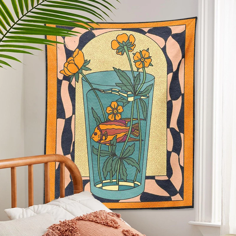 Vintage Inspired Tapestry Wall Hanging Psychedelic vase goldfish flower Decor Minimalist Print Bohemian Art Wall Decor Mural tapestry decorations