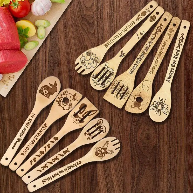 5 Piece Wooden Spoon Cooking Utensil Set Easter Cooking Spatula Funny Handmade Home Tableware Dinnerware Cutlery For Kitchen